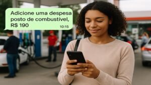 Mulher digitando gasto de combustível em dos seus assistentes financeiros