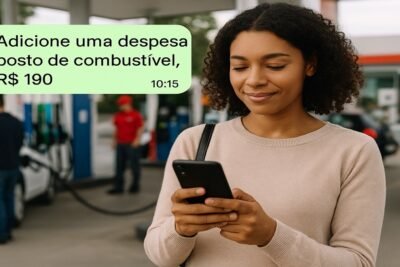 Mulher digitando gasto de combustível em dos seus assistentes financeiros