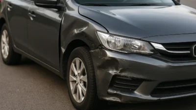 Carro com dano de colisão leve na lataria dianteira, mostrando amassados no para-lama e para-choque, ilustrando como impactos leves podem comprometer o veículo.