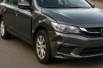 Carro com dano de colisão leve na lataria dianteira, mostrando amassados no para-lama e para-choque, ilustrando como impactos leves podem comprometer o veículo.