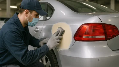 Técnico especializado lixando a lataria de um carro prata dentro de uma oficina automotiva iluminada