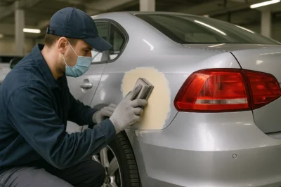 Técnico especializado lixando a lataria de um carro prata dentro de uma oficina automotiva iluminada